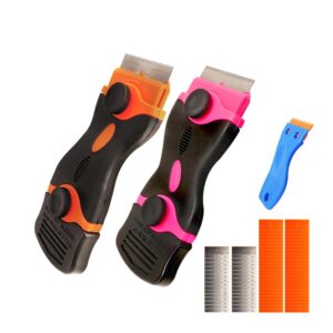 longluosi 3 pack razor blade scrapers,2 double edged scrapers and simple scraper with extra 30 metal and 50 plastic razor blades, labels scraping tools for windows, stovetop, appliance