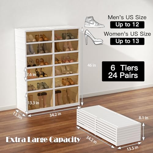 YIFOR 6-Tier Portable Shoe Rack Organizer for Closet, 24 Pairs Shoe Container Bins, Clear Plastic Collapsible Shoes Storage Box, Stackable Sneaker Storage Shoe Cabinet with Door