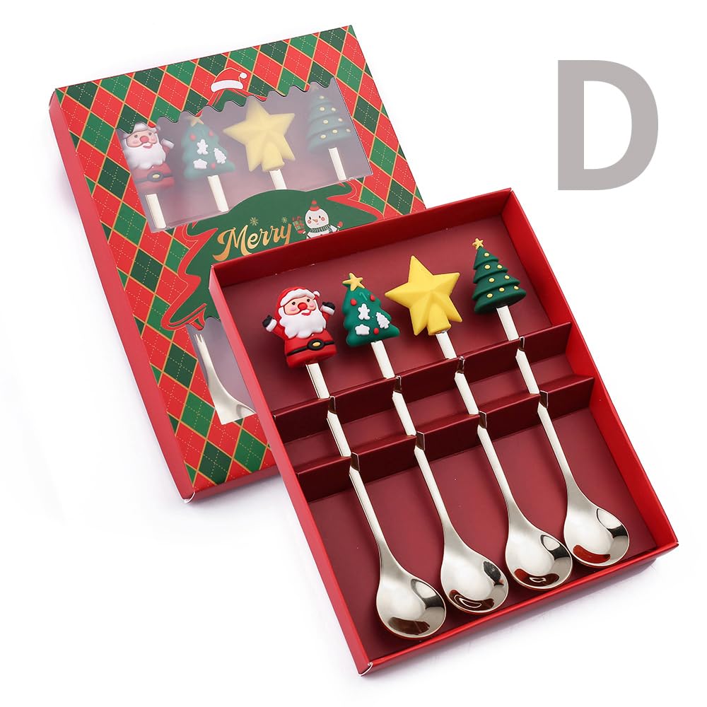 Christmas Coffee Spoons Coffee Stirrers Cake spoon Premium Stainless Steel Ice Tea Spoons, Ice Cream Spoon, Cocktail Stirring Spoons Set of 4（Silver colorr）