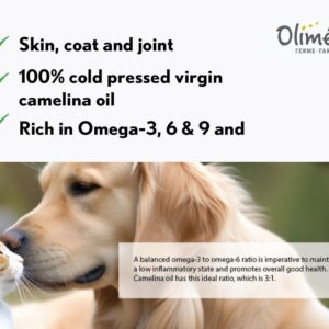 Camelina Oil for Dogs & Cats, 500mL by Olimega Farm | High in Omega-3 & Vitamin E | Support for Healthy Joints, Coat & Skin | Alternative to Salmon Oil for Dogs | Made in Canada | Non-GMO