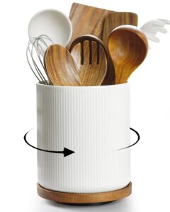 getstar utensil holder, 360° rotating large kitchen utensil holder, ceramic cooking utensil holder for kitchen counter with rotatable and detachable wooden base