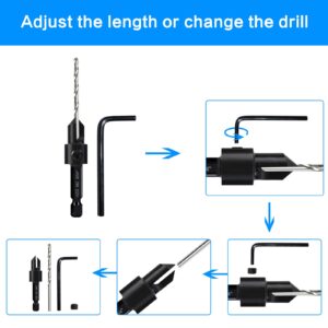 5-pc Countersink Drill Bit Set, 3in1 Woodworking Counterbore Hole Drill Bits for #6 8 10 12 16 Screws, Depth Adjustable M2 Pilot Drill Bits, 82-Degree Chamfer, 1/4” Hex Shank, 2 Allen Wrench