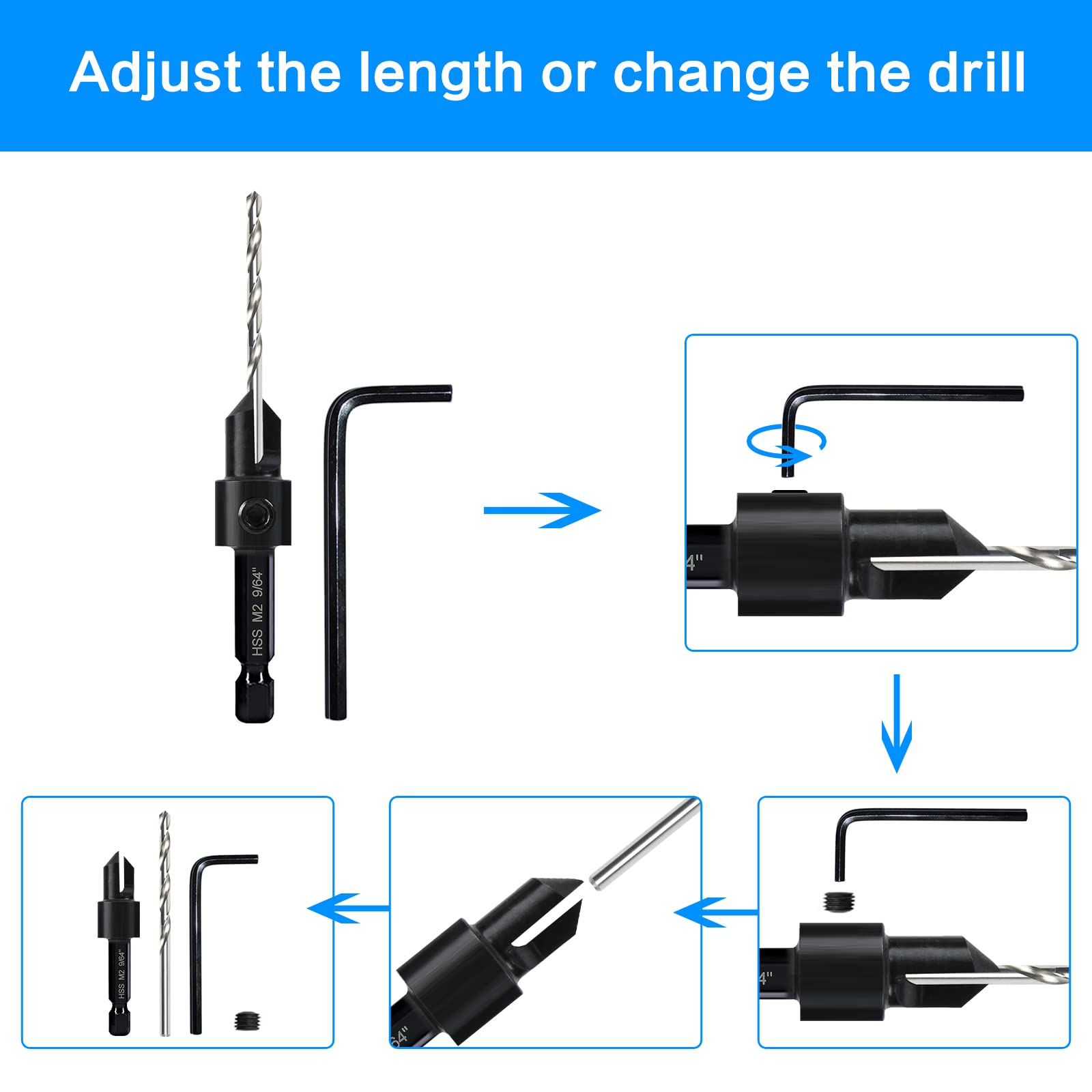 5-pc Countersink Drill Bit Set, 3in1 Woodworking Counterbore Hole Drill Bits for #6 8 10 12 16 Screws, Depth Adjustable M2 Pilot Drill Bits, 82-Degree Chamfer, 1/4” Hex Shank, 2 Allen Wrench