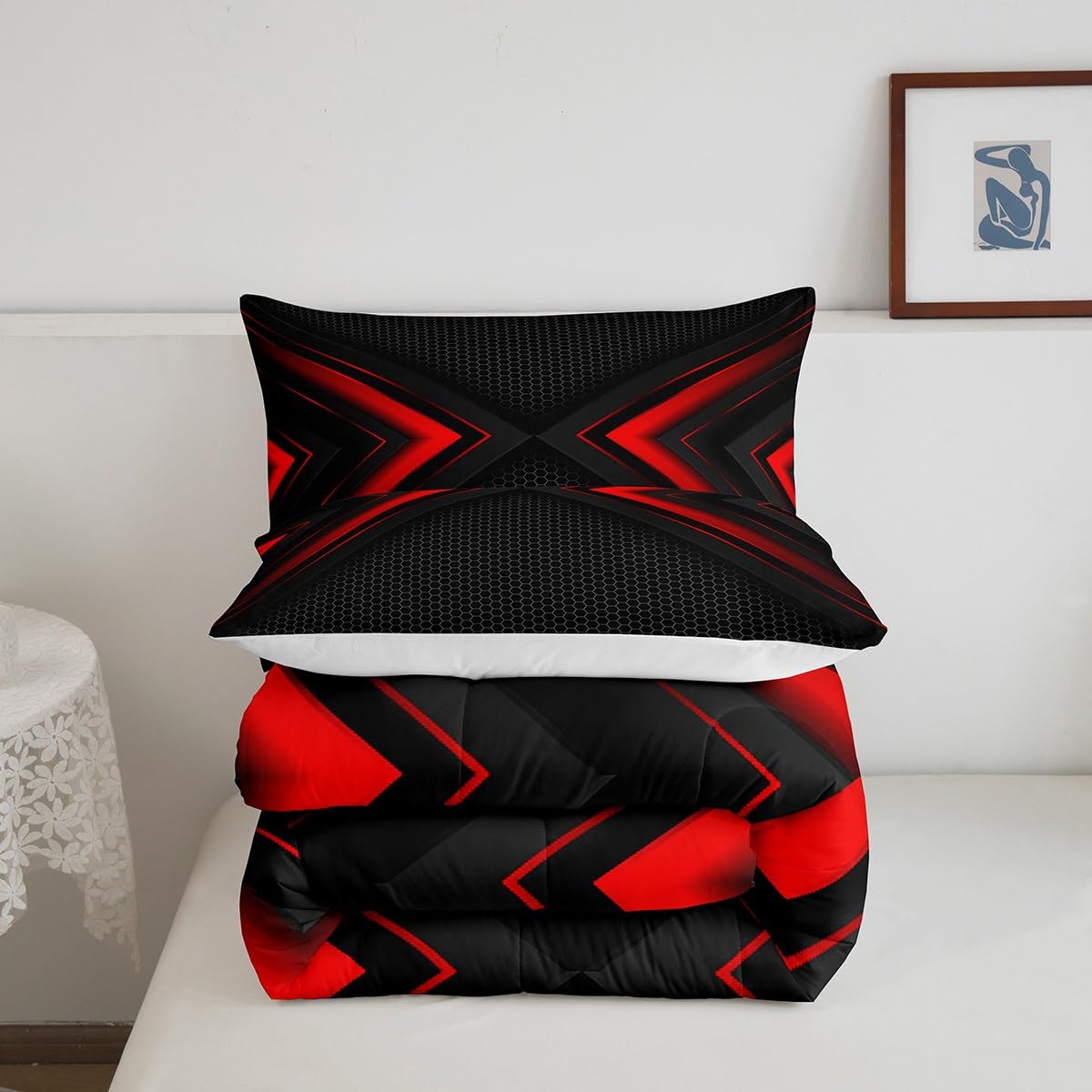 Geometric Comforter Set,Red and Black Bedding Set for Kids Girls Women,Adults Modern Hexagon Comforter,Fashion Quilted Duvet Set Bedroom Collection Twin Size 2Pcs