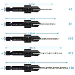 5-pc Countersink Drill Bit Set, 3in1 Woodworking Counterbore Hole Drill Bits for #6 8 10 12 16 Screws, Depth Adjustable M2 Pilot Drill Bits, 82-Degree Chamfer, 1/4” Hex Shank, 2 Allen Wrench