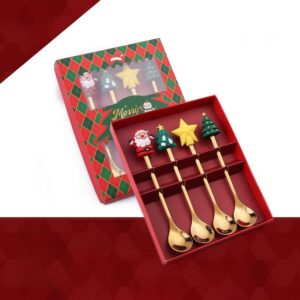 Christmas Coffee Spoons Coffee Stirrers Cake spoon Premium Stainless Steel Ice Tea Spoons, Ice Cream Spoon, Cocktail Stirring Spoons Set of 4（Gold Color）