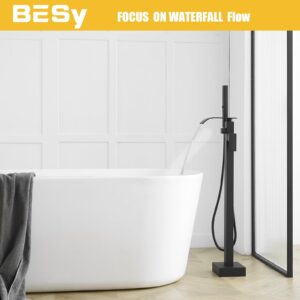 BESy Tub Filler Freestanding Bathtub Faucet Matte Black Floor Mount Tub Faucet Waterfall Free Standing Bathtub Filler High Flow Brass Bath Shower Faucets with Handheld Sprayer