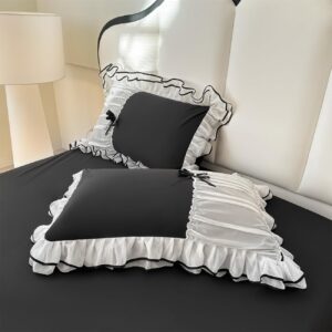 IHOUSTRIY Kid Duvet Cover Full Size, Ruffle Beddding Set with Bowtie, 3 Pieces Comforter Cover Set with Zipper Closure, Girl Bedding with Pillowcase - Black, Full, Comforter Not Included