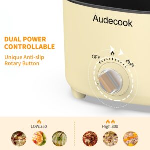 Audecook Hot Pot Electric, 2.5L Portable Nonstick Multicooker for 1-3 Persons, Honeycomb Texture Travel Electric Skillet with Dual Power Temperature Control for Steak/Egg/Noodles/Oatmeal (Beige)