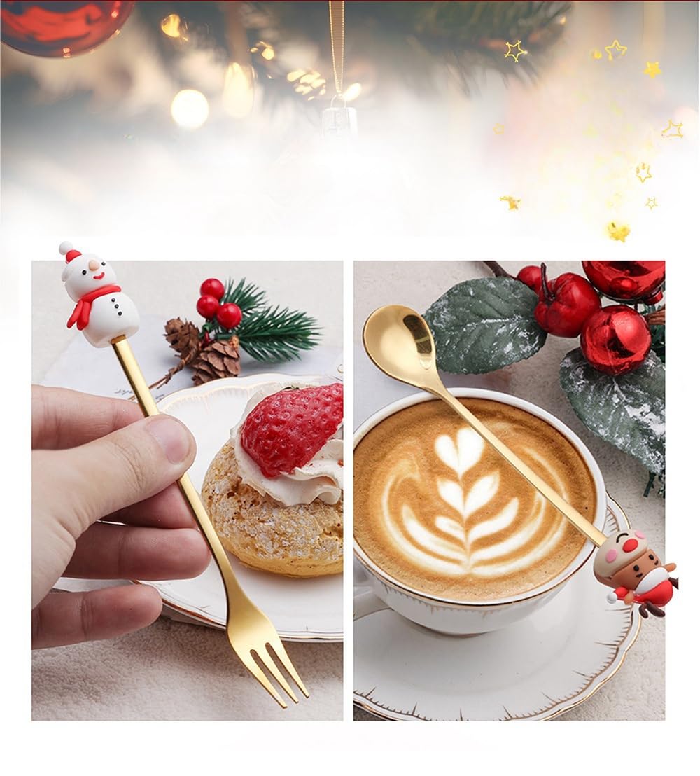 Christmas Coffee Spoons Coffee Stirrers Cake spoon Premium Stainless Steel Ice Tea Spoons, Ice Cream Spoon, Cocktail Stirring Spoons Set of 4（Gold Color）