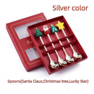 Christmas Coffee Spoons Coffee Stirrers Cake spoon Premium Stainless Steel Ice Tea Spoons, Ice Cream Spoon, Cocktail Stirring Spoons Set of 4（Silver colorr）