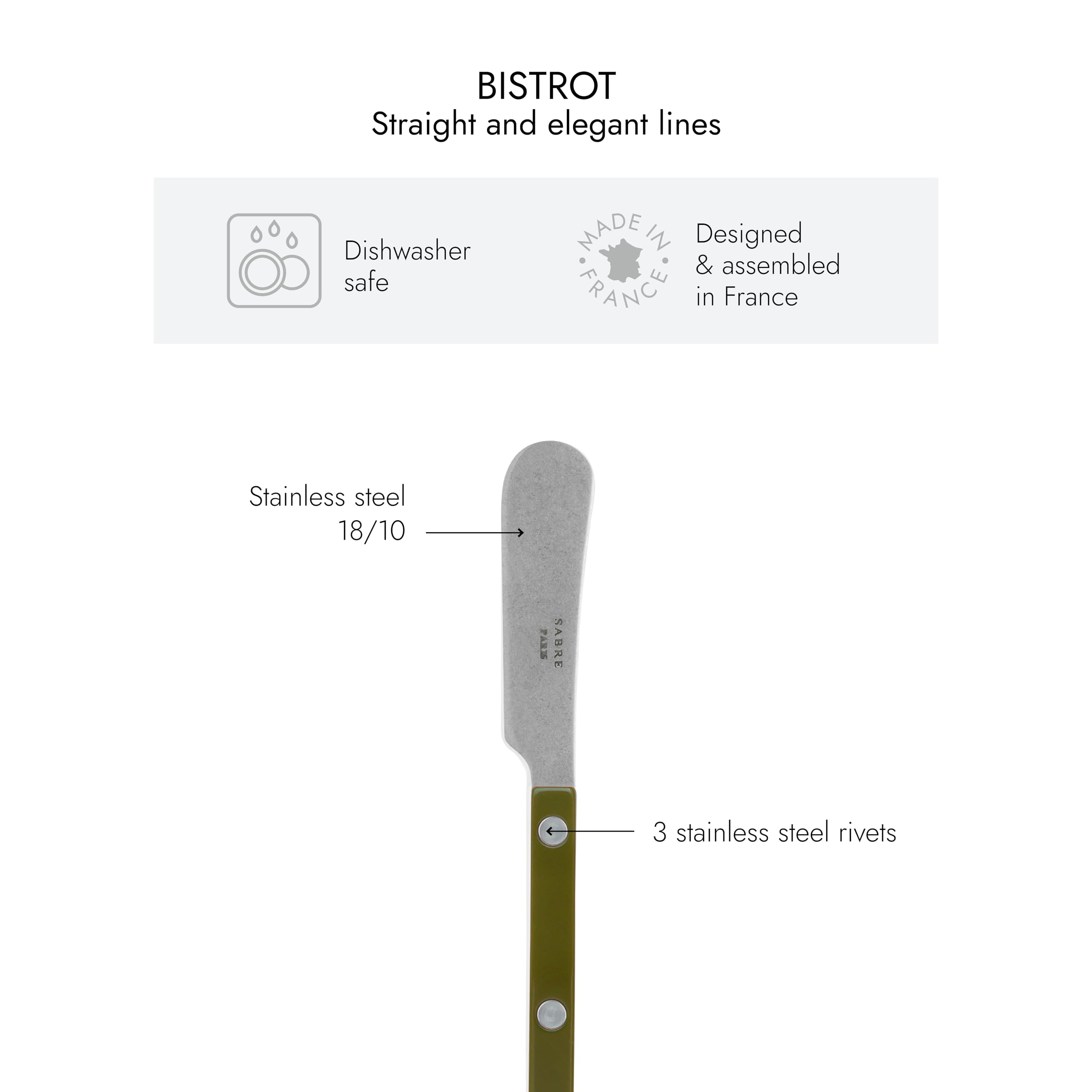 Sabre Paris - Set of 2 Spreader Knives 5.5 inches - Bistrot Vintage Collection - Perfect for Butter, Tapenades, Spreads - Stainless Steel & Nylon - Dishwasher Safe - Fern Green - Mat Finish