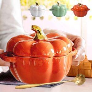 fall pumpkin ceramic bowl with lid, 15 oz microwave & dishwasher safe pumpkin soup bowl with handle, pumpkin decor storage jar for home thanksgiving halloween party, pumpkin dish,halloween (orange)