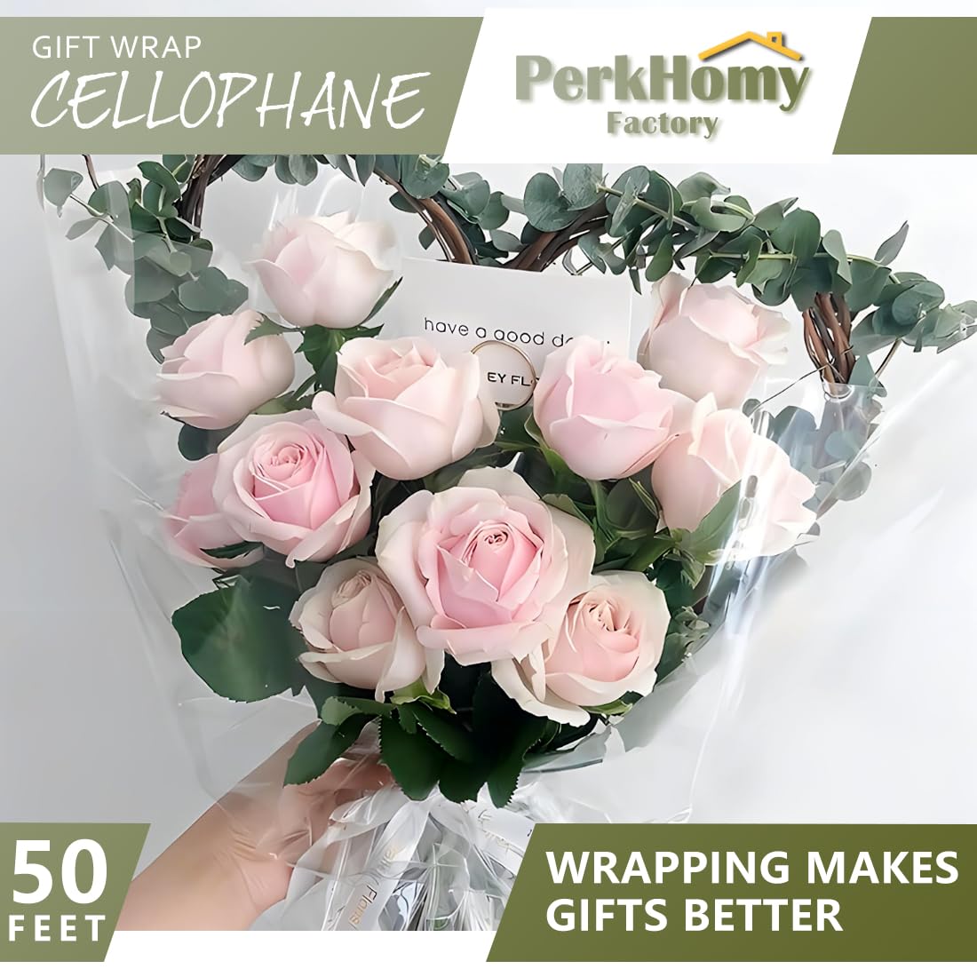 PerkHomy Folded Clear Cellophane Wrap Roll 32" x 50' 3Mil Thick Cellophane For Gift Basket Treats Goodie Wrapping Craft Flower Bouquet Plastic (32" fold into 16")