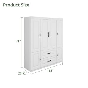 71" H Closet with Doors White Wooden Armoire Wardrobe Closet Freestanding Clothes Storage Closet Bedroom Armoires Wood Wardrobe Storage Closet Cabinet with Hanging Rod Shelf 2 Drawers, 4 Doors White