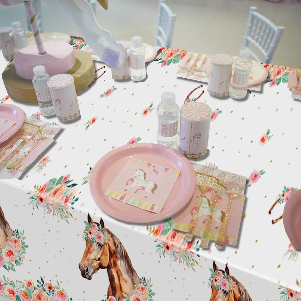 3 Pack Pink Horse Party Tablecloth Western Cowgirl Party Tablecloth Disposable Cowgirl Birthday Party Supplies Wild Horse Theme Table Covers for Girls Pink Horse Birthday Baby Shower(Horse)