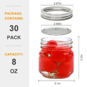 Small Glass Mason Jars, 8 oz Glass Jar with Lid 30 Pack,Half Pint Canning Jars with Silver Lids,Storage Pickling Jars For Jelly, Jam, Honey, Pickles and Spice