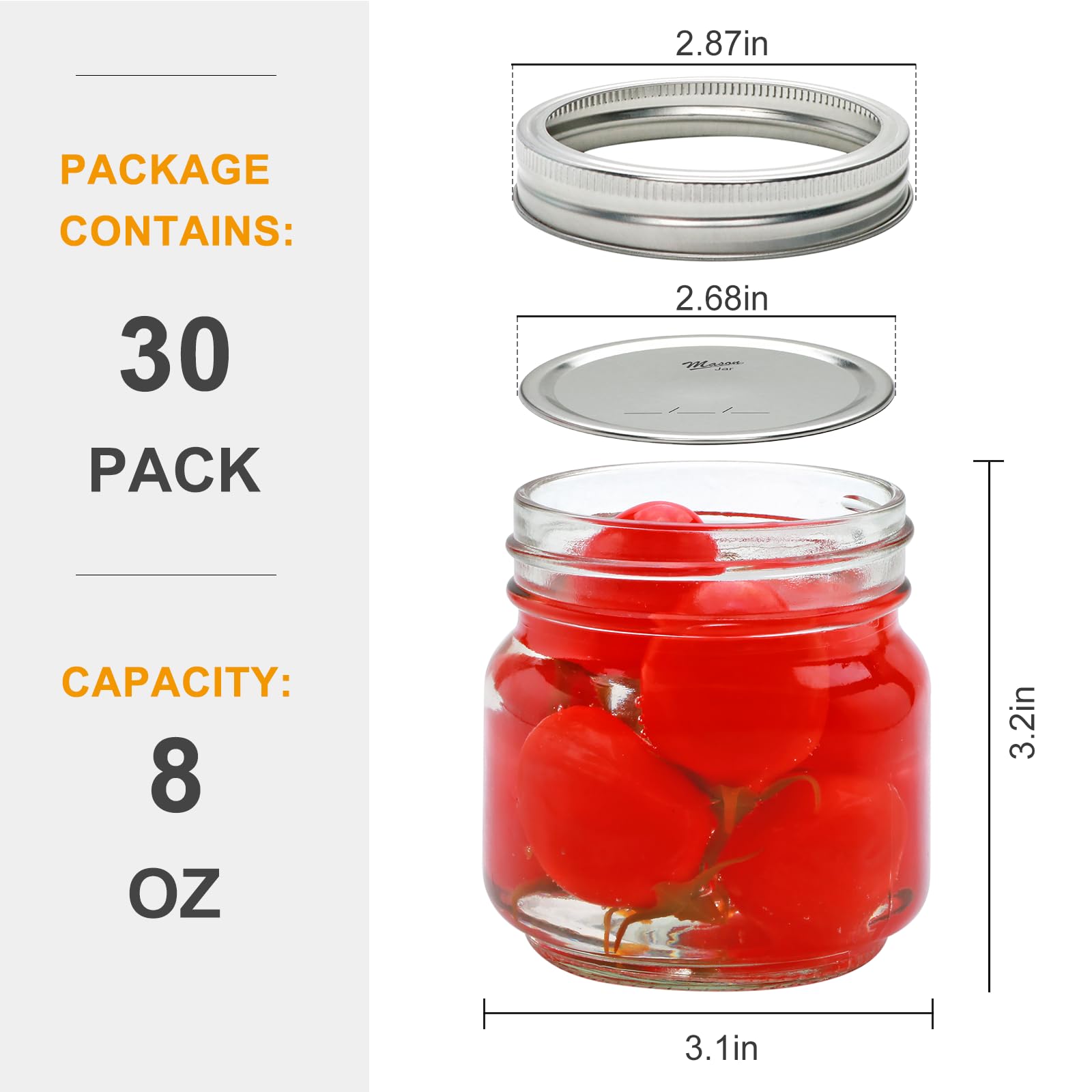 Small Glass Mason Jars, 8 oz Glass Jar with Lid 30 Pack,Half Pint Canning Jars with Silver Lids,Storage Pickling Jars For Jelly, Jam, Honey, Pickles and Spice