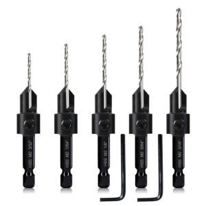 5-pc countersink drill bit set, 3in1 woodworking counterbore hole drill bits for #6 8 10 12 16 screws, depth adjustable m2 pilot drill bits, 82-degree chamfer, 1/4” hex shank, 2 allen wrench