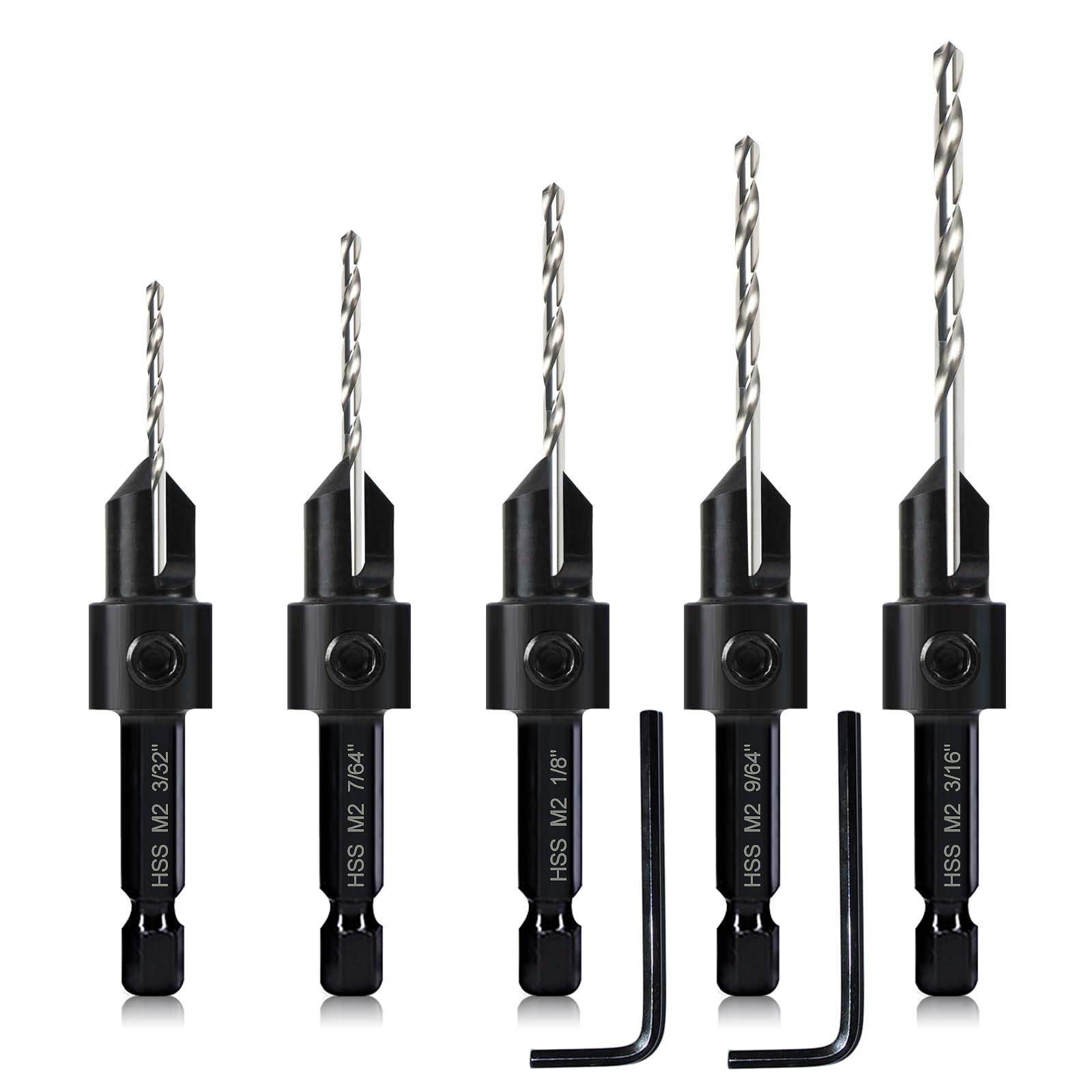 5-pc Countersink Drill Bit Set, 3in1 Woodworking Counterbore Hole Drill Bits for #6 8 10 12 16 Screws, Depth Adjustable M2 Pilot Drill Bits, 82-Degree Chamfer, 1/4” Hex Shank, 2 Allen Wrench