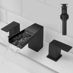 kroias 8 inch widespread matte black bathroom faucet waterfall bathroom sink faucet, 2 handle bathroom faucet for sink 3 hole vanity sink faucets with pop-up drain & cupc supply lines