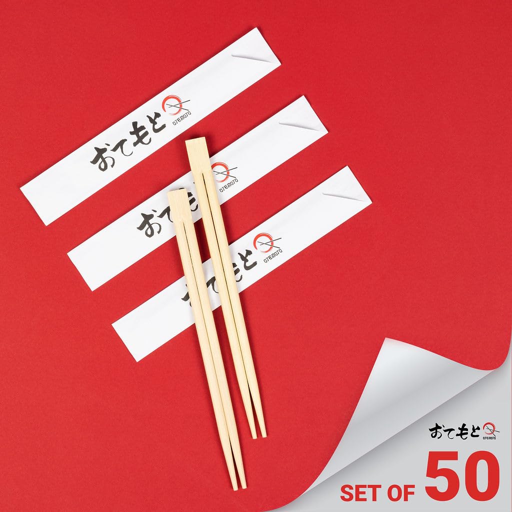 OTEMOTO 100 Disposable Chopsticks | Paper sleeve | Bamboo Wooden Chop sticks - Bamboo Chopstick Bulk - Disposable Utensils Premium Quality - (50 Pairs)