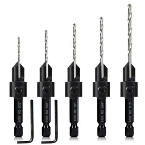 5-pc woodworking countersink counterbore drill bit set 3in1 for #6 8 10 12 16 screws, m2 pilot drill bits adjustable depth, 82-degree chamfer with stop, 1/4” hex shank, includes 2 allen wrenches