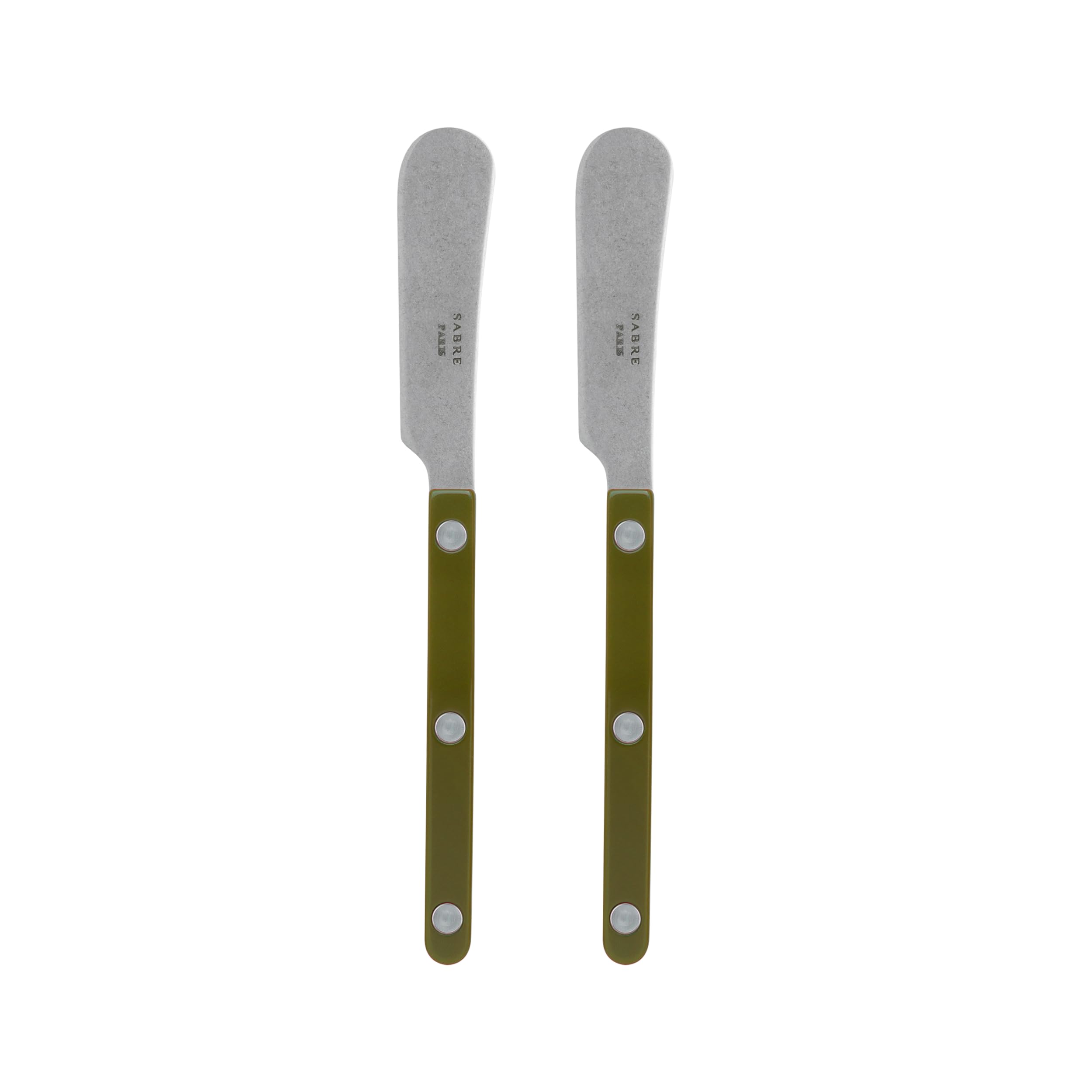 Sabre Paris - Set of 2 Spreader Knives 5.5 inches - Bistrot Vintage Collection - Perfect for Butter, Tapenades, Spreads - Stainless Steel & Nylon - Dishwasher Safe - Fern Green - Mat Finish