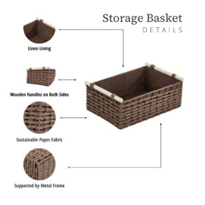 DECOMOMO Wicker Storage Basket, Toilet Paper Basket for Organizing Storage, Paper Rope Baskets with Liner and Wooden Handles for Shelves Cosmetics Books (Brown – 3 Pack)