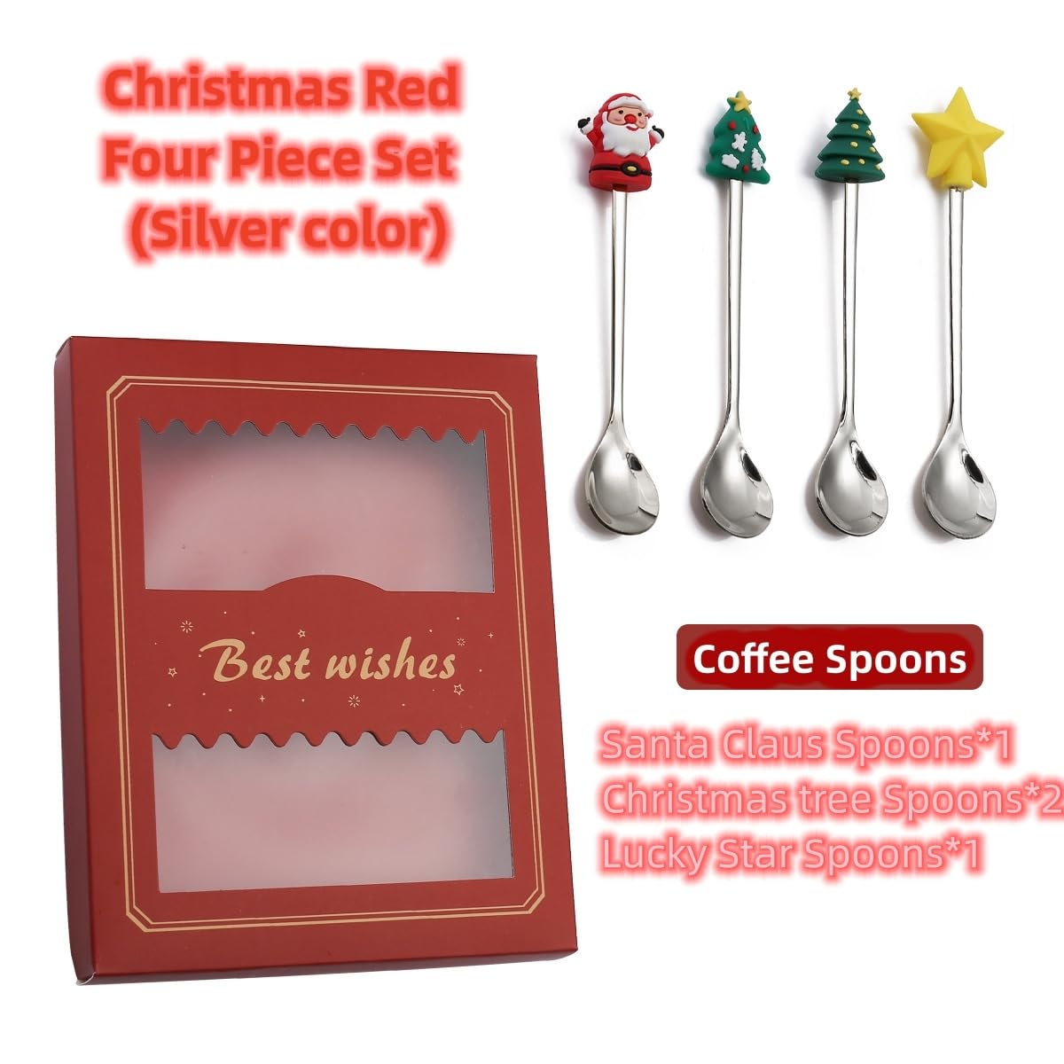 Christmas Coffee Spoons Coffee Stirrers Cake spoon Premium Stainless Steel Ice Tea Spoons, Ice Cream Spoon, Cocktail Stirring Spoons Set of 4（Silver colorr）