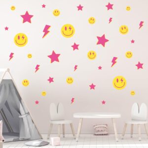 Whaline 156Pcs Preppy Wall Stickers Lightning Bolt Smile Star Wall Decals Pink Room Mural Thunder Stickers Aesthetic Vinyl Wall Decals for Party Home Nursery Decor, 7.9 x 11.8 Inch, 12 Sheets