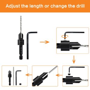 5-pc Woodworking Countersink Counterbore Drill Bit Set 3in1 for #6 8 10 12 16 Screws, M2 Pilot Drill Bits Adjustable Depth, 82-Degree Chamfer with Stop, 1/4” Hex Shank, Includes 2 Allen Wrenches