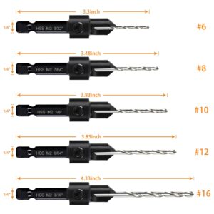 5-pc Woodworking Countersink Counterbore Drill Bit Set 3in1 for #6 8 10 12 16 Screws, M2 Pilot Drill Bits Adjustable Depth, 82-Degree Chamfer with Stop, 1/4” Hex Shank, Includes 2 Allen Wrenches