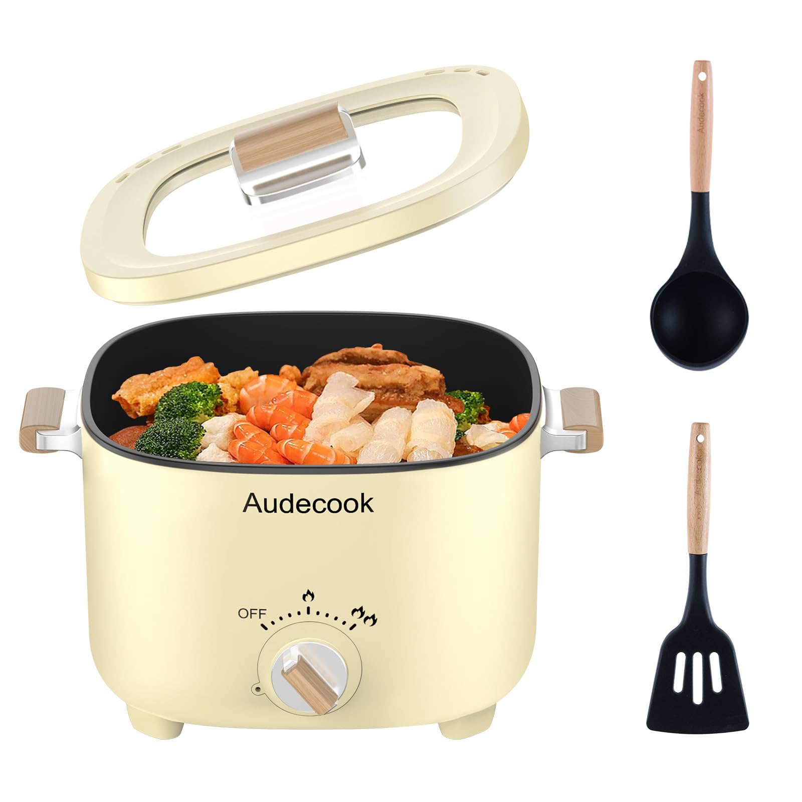 Audecook Hot Pot Electric, 2.5L Portable Nonstick Multicooker for 1-3 Persons, Honeycomb Texture Travel Electric Skillet with Dual Power Temperature Control for Steak/Egg/Noodles/Oatmeal (Beige)