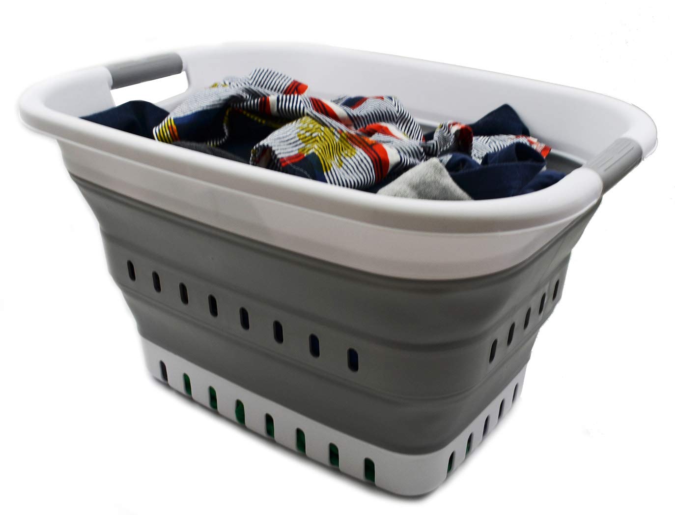 SAMMART 37L (9.7 gallons) Collapsible Plastic Laundry Basket - Foldable Laundry Hamper - Storage Container/Organizer - Pop Up Saving (White/Grey)