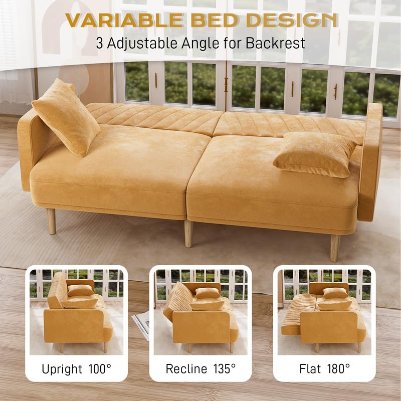 DAMAIFROM Velvet Futon Sofa Bed Set of 2, Mid Century Modern Loveseat Sofa, Convertible Sleeper Sofa Couch with Split Backrest, 75" Futon Couch for Living Room Small Spaces (Ginger