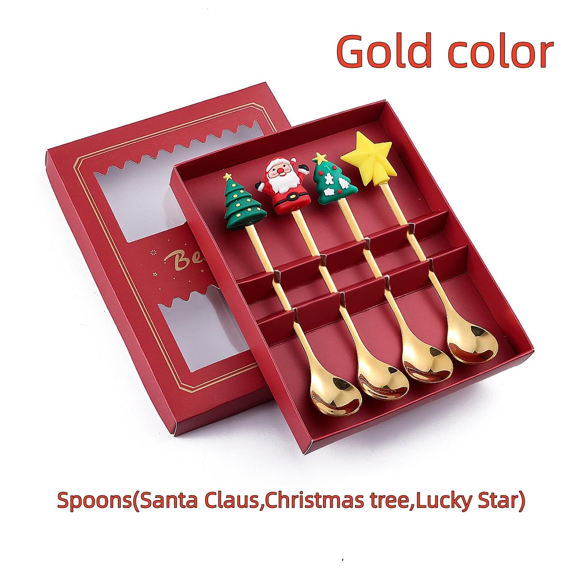 Christmas Coffee Spoons Coffee Stirrers Cake spoon Premium Stainless Steel Ice Tea Spoons, Ice Cream Spoon, Cocktail Stirring Spoons Set of 4（Gold Color）