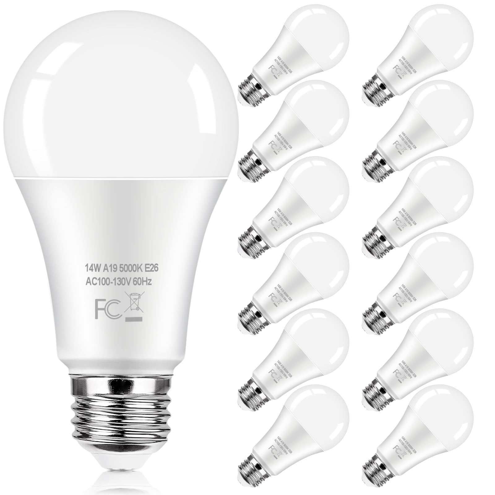 LED Light Bulbs 100 Watt Equivalent 1600 Lumens, A19 14W Super Bright Daylight White 5000K LED Bulbs, Standard E26 Medium Screw Light Bulbs Non-Dimmable, 25000+Hrs Lifespan, No-Flicker, 12-Pack