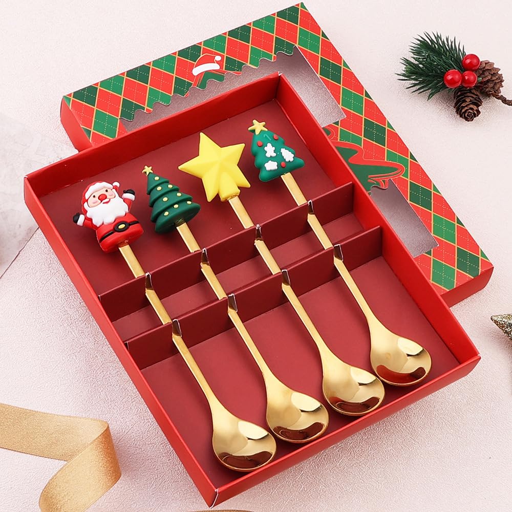 Christmas Coffee Spoons Coffee Stirrers Cake spoon Premium Stainless Steel Ice Tea Spoons, Ice Cream Spoon, Cocktail Stirring Spoons Set of 4（Gold Color）