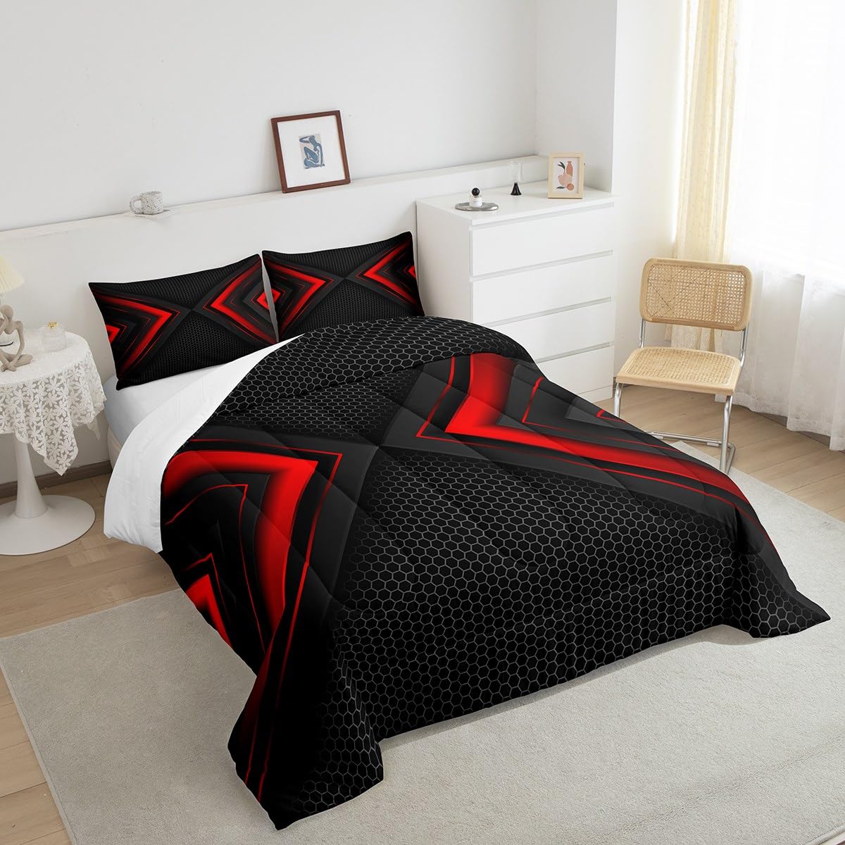 Geometric Comforter Set,Red and Black Bedding Set for Kids Girls Women,Adults Modern Hexagon Comforter,Fashion Quilted Duvet Set Bedroom Collection Twin Size 2Pcs