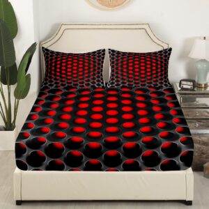 Erosebridal Geometric Full Sheet Set Neon Black and Red Bedding Set for Teen Boys Men,Abstract 3D Geometry Honeycomb Bed Sheets,Stereoscopic Dense Hole Fitted Sheet + Flat Sheet + 2 Pillow Cases