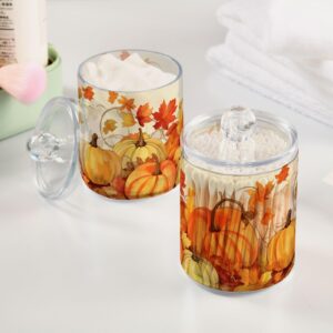 2 Pack Qtip Holder Dispenser for Cotton Ball Pumpkin Autumn Yellow Maple Leaves Fall Cotton Swab Cotton Round Pads Clear Plastic Acrylic Jar Set Bathroom Canister