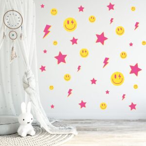 Whaline 156Pcs Preppy Wall Stickers Lightning Bolt Smile Star Wall Decals Pink Room Mural Thunder Stickers Aesthetic Vinyl Wall Decals for Party Home Nursery Decor, 7.9 x 11.8 Inch, 12 Sheets