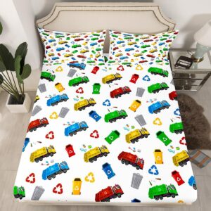 garbage truck kids fitted sheet twin size,cartoon trash truck transport vehicles bedding set,boys girls adults room decor,trash can chic bed cover,colorful bright bed sheet,1 pillowcase