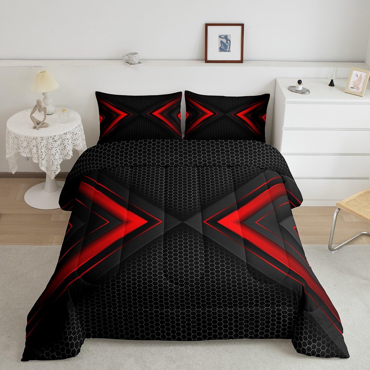 Geometric Comforter Set,Red and Black Bedding Set for Kids Girls Women,Adults Modern Hexagon Comforter,Fashion Quilted Duvet Set Bedroom Collection Twin Size 2Pcs