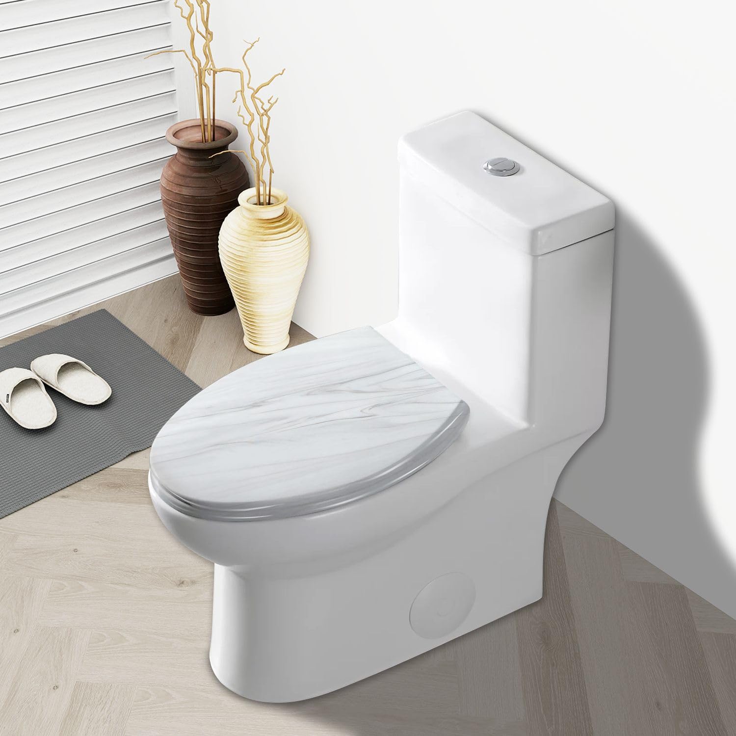 Elongated Toilet Seat Marble wall white pattern gray ink graphic abstract light elegant Resin Toilet Seat Quietly Slow Close with Quick-Release Hinges Toilet Seat with Cover Easy to Clean Install