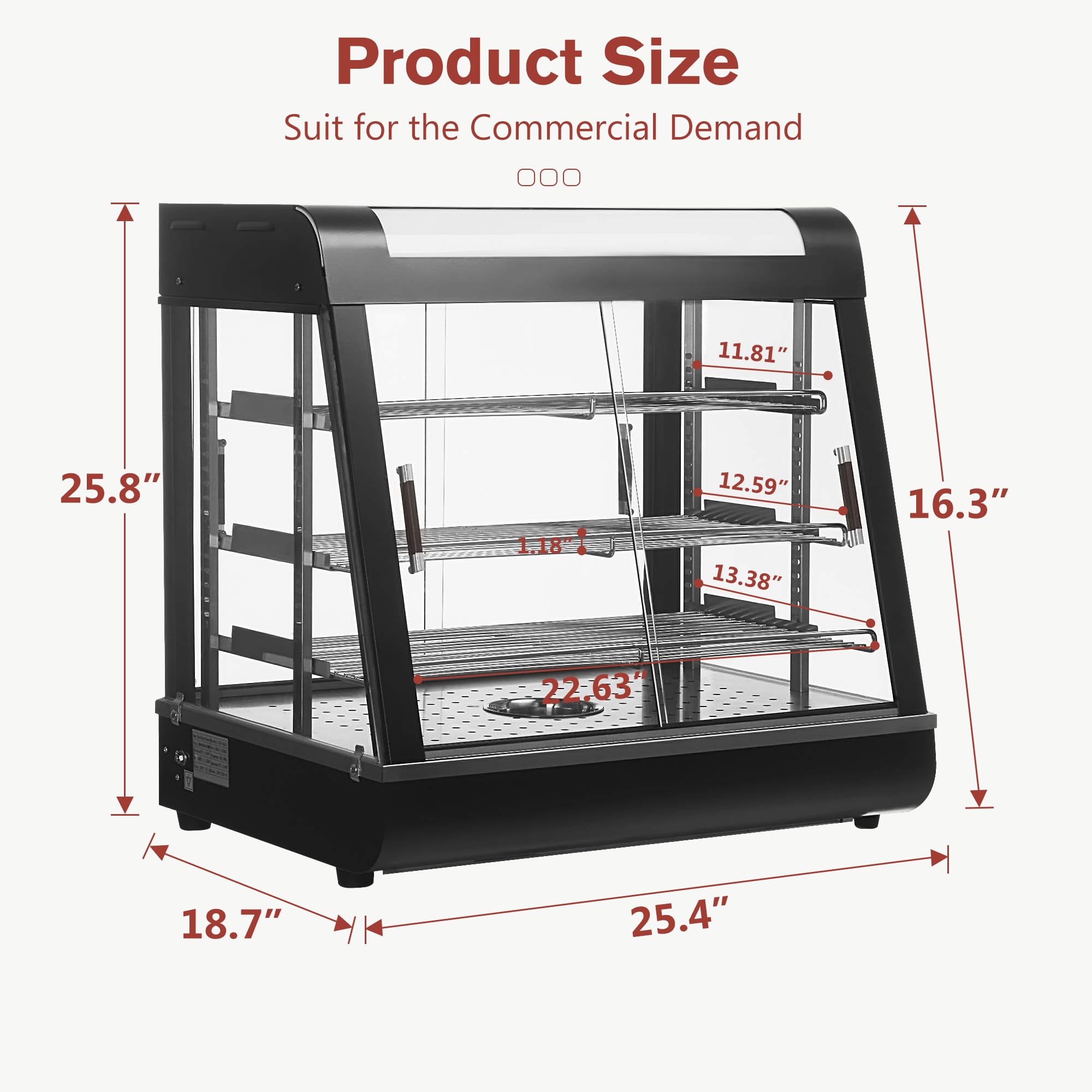 Whalefall 3-Tier Food Warmers Countertop, 27" Commercial Warm for Food Pizza Warmer w/ 3D Heating with Stainless Frame Sliding Glass Doors Pastry Display Case for Buffet Restaurant