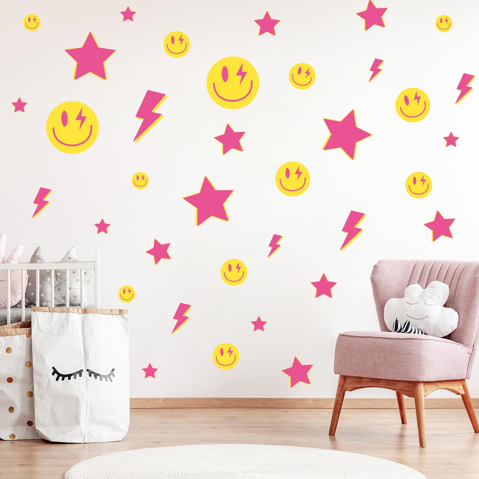 Whaline 156Pcs Preppy Wall Stickers Lightning Bolt Smile Star Wall Decals Pink Room Mural Thunder Stickers Aesthetic Vinyl Wall Decals for Party Home Nursery Decor, 7.9 x 11.8 Inch, 12 Sheets