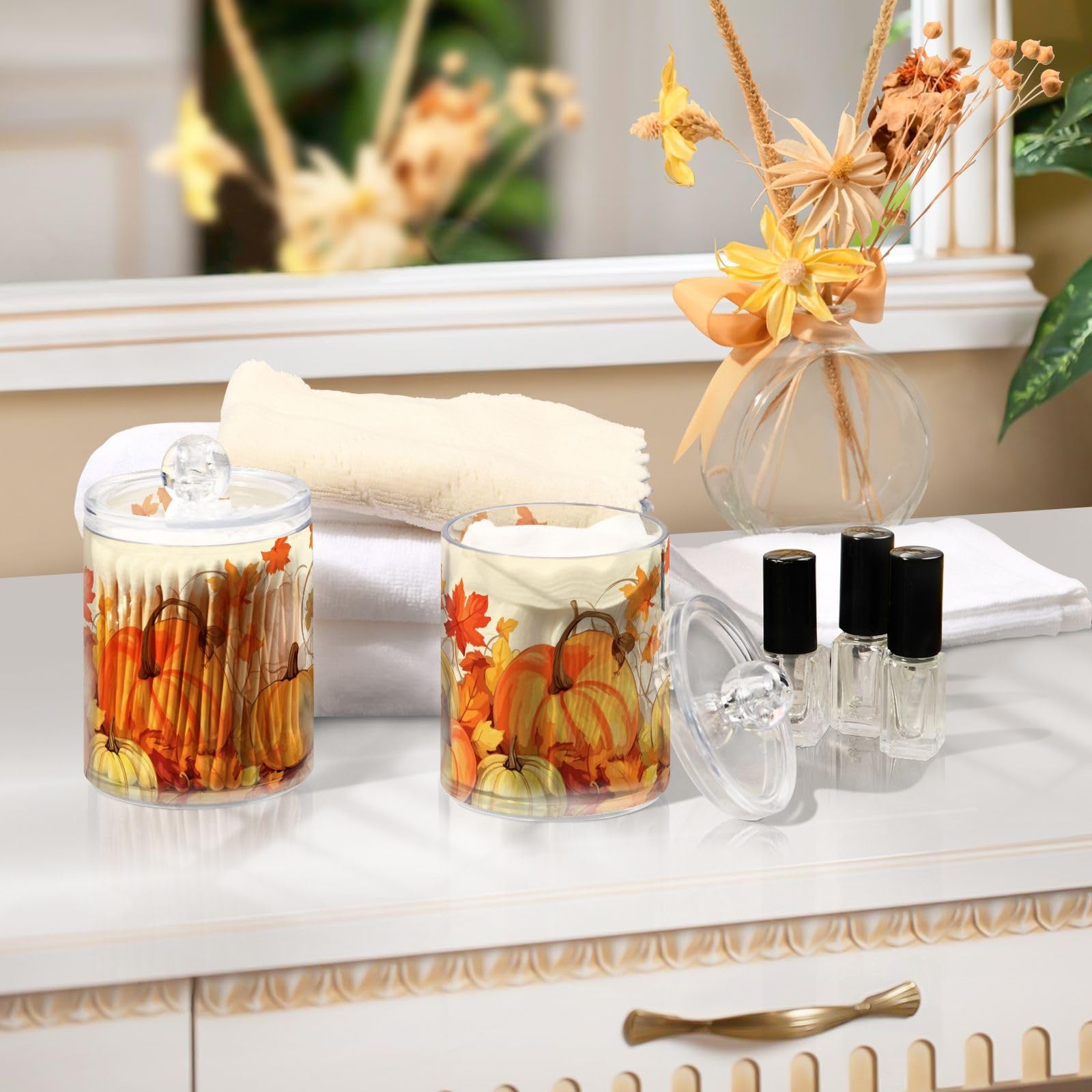 2 Pack Qtip Holder Dispenser for Cotton Ball Pumpkin Autumn Yellow Maple Leaves Fall Cotton Swab Cotton Round Pads Clear Plastic Acrylic Jar Set Bathroom Canister