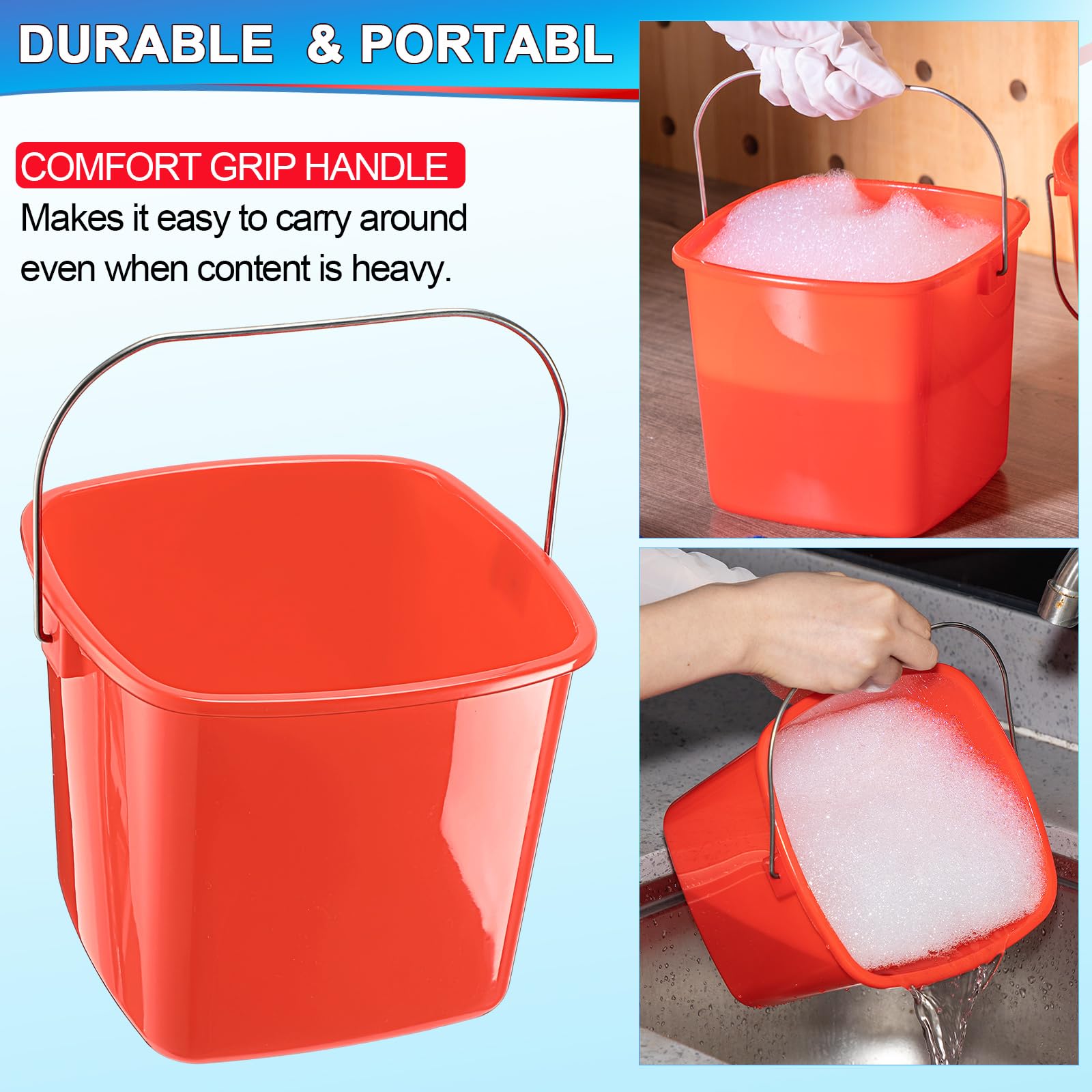 Zhehao 6 Pcs 3 Quart Cleaning Bucket Small Red Detergent Square Bucket Sanitizing Plastic Bucket with Handles Square Buckets Cleaning Bucket for Home, Offices, School, Commercial Use, Food Service